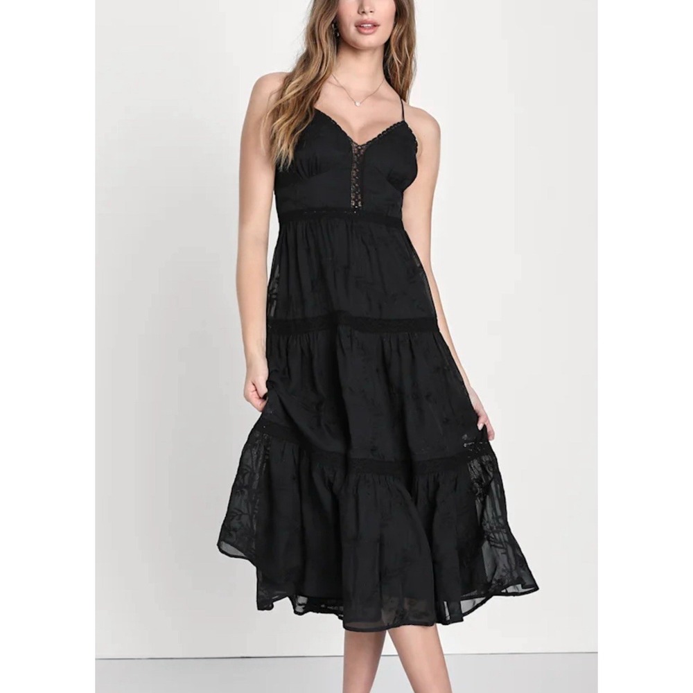 LULUS NWT Black Lace Overlay Romantic Boho Retro Cottagecore Prairie Dress SMALL